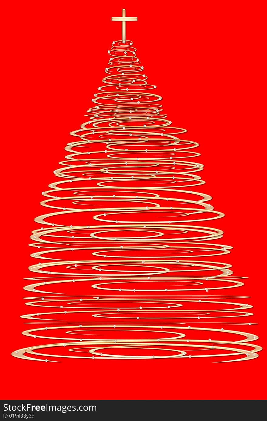 Gold christmas tree on red paper