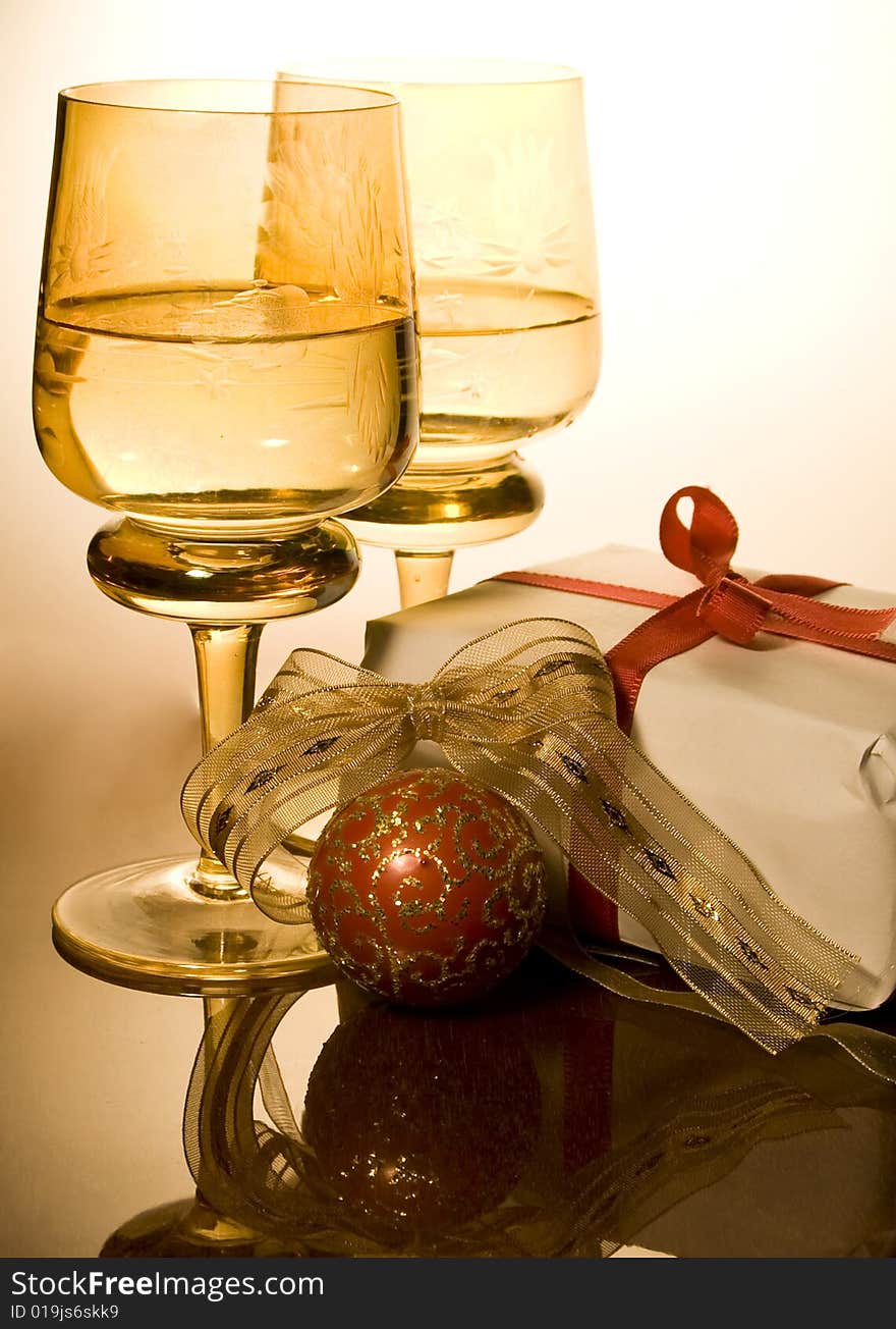 Christmas gifts, decorations and wine. Christmas gifts, decorations and wine