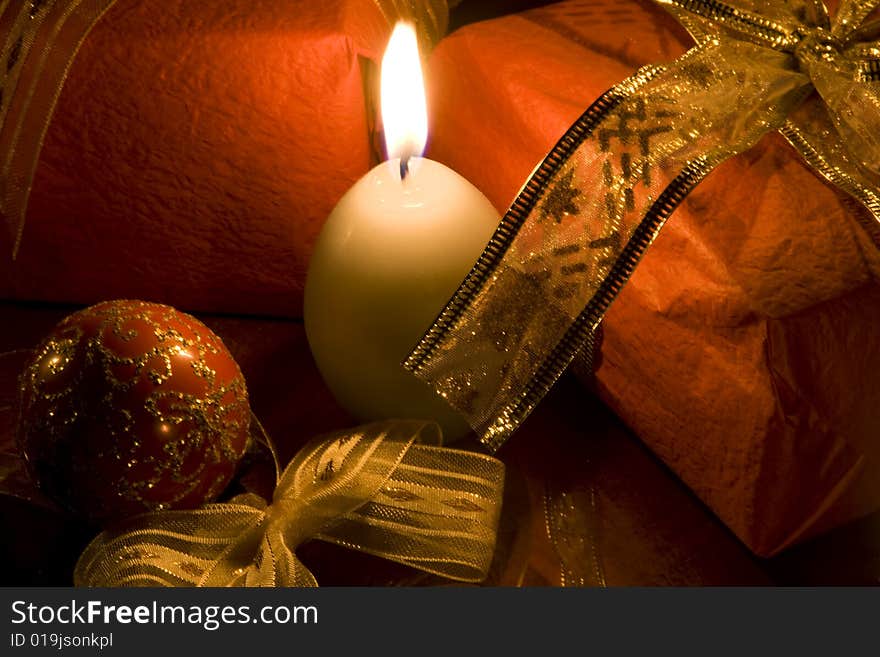 Christmas gift and decorations on reflective background. Christmas gift and decorations on reflective background