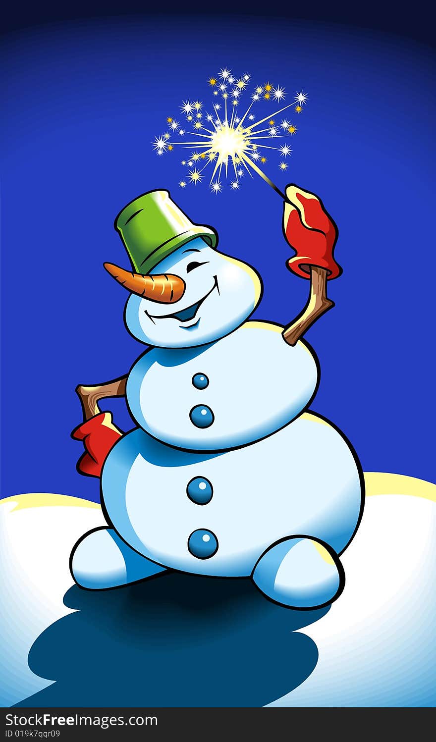 Snowman holding sparkler (Bengal light), vector illustration
