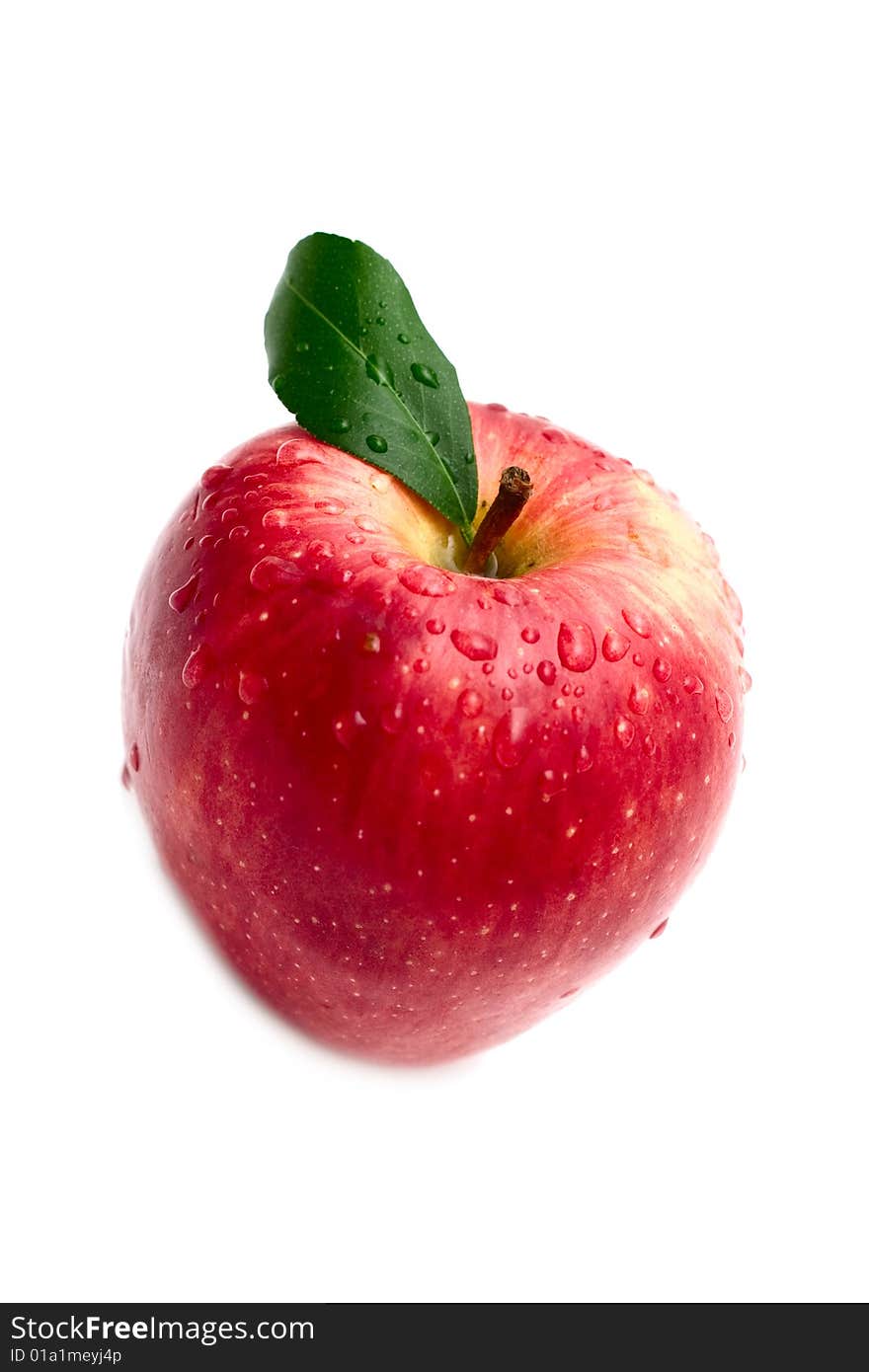 Red apple with warter drop on white background. Studio lighting.