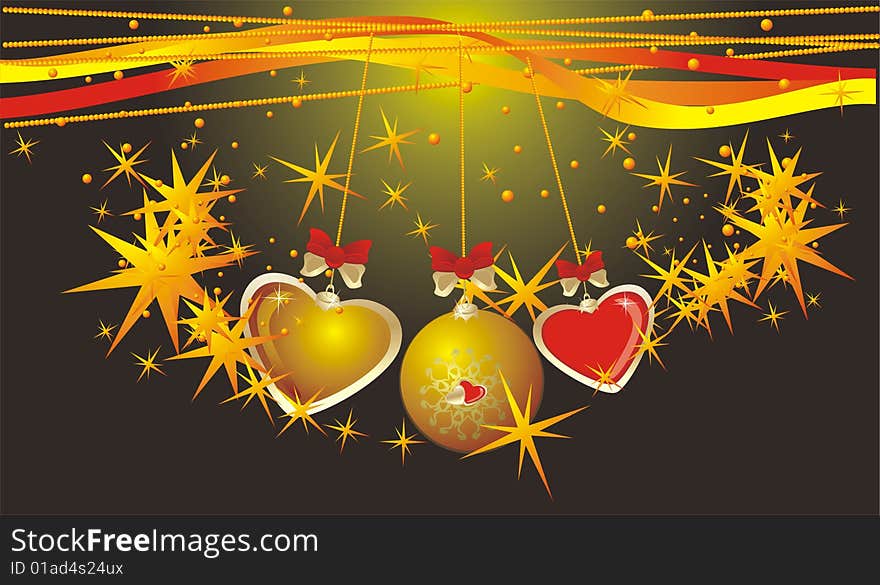 Christmas ball and colorful hearts. Background for card. Vector illustration