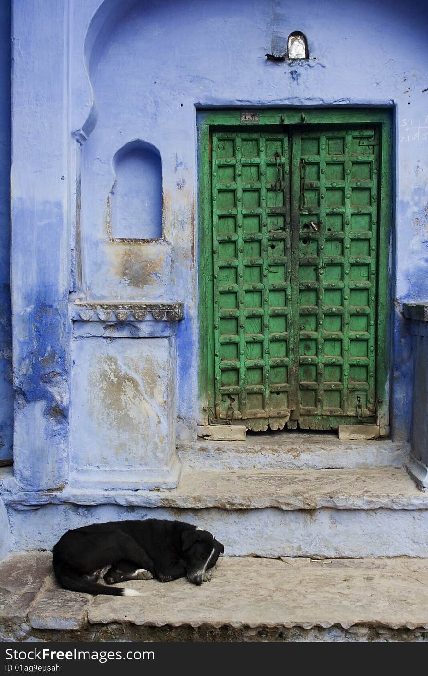 A Green Doorway with steps leading up to it and a dog sleeping at the bottom of the steps