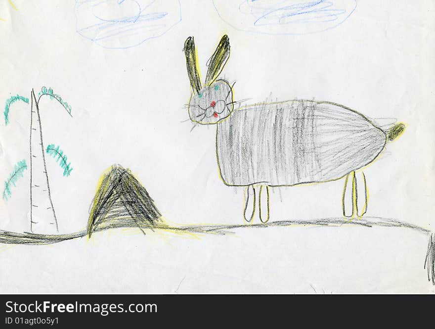 This is a child drawing of rabbit and a birch tree. This is a child drawing of rabbit and a birch tree.