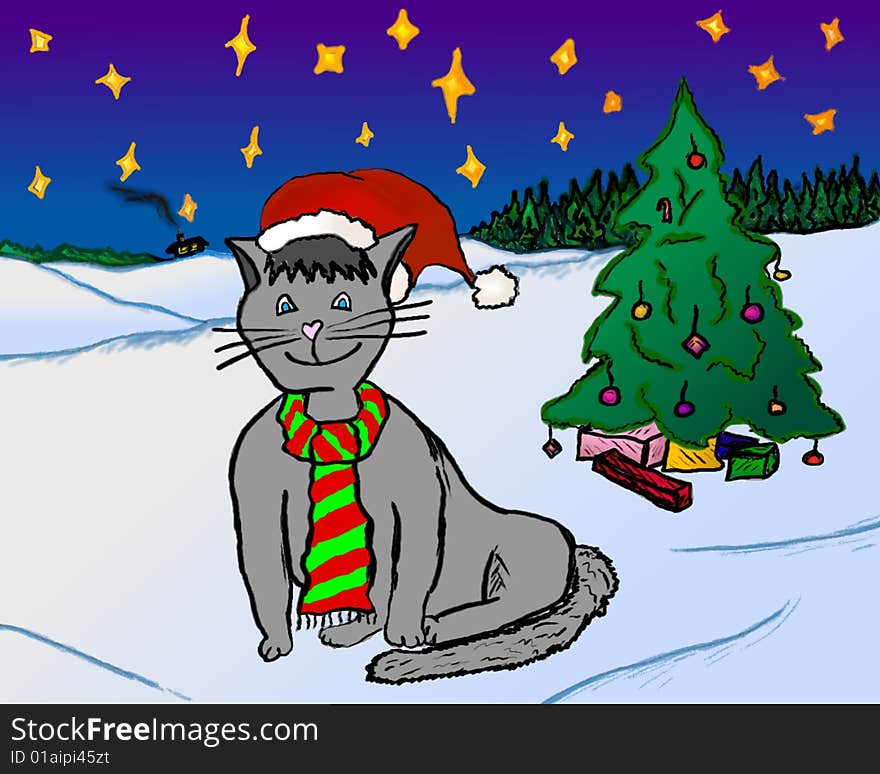 Illustration of Happy Christmas Cat with Red Hat sitting on white snow with golden stars above in the blue winter sky. Christmas tree is on the background. Illustration of Happy Christmas Cat with Red Hat sitting on white snow with golden stars above in the blue winter sky. Christmas tree is on the background.