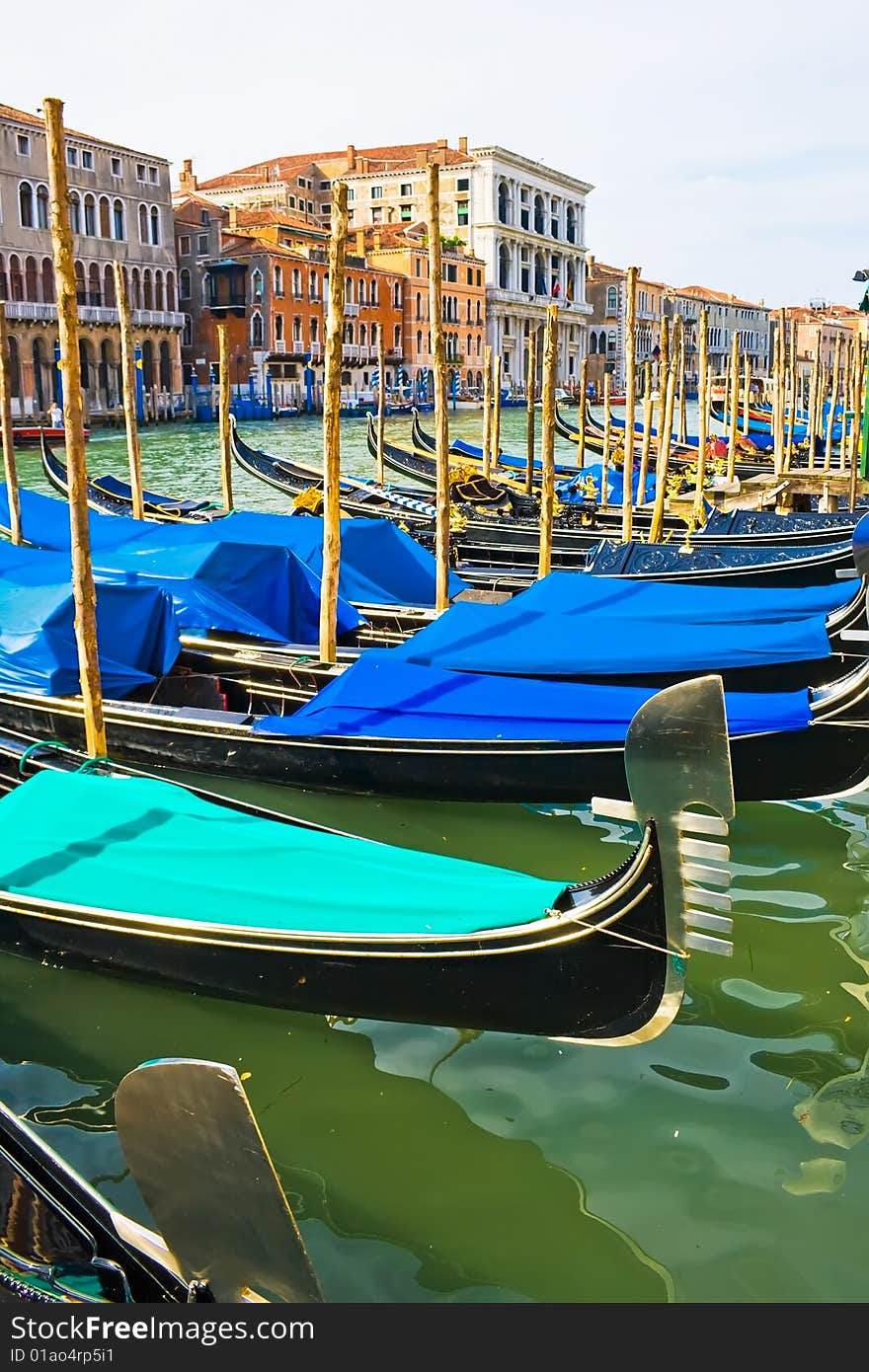 Gondolas anchored on Grand Canal, Venice Italy. Gondolas anchored on Grand Canal, Venice Italy