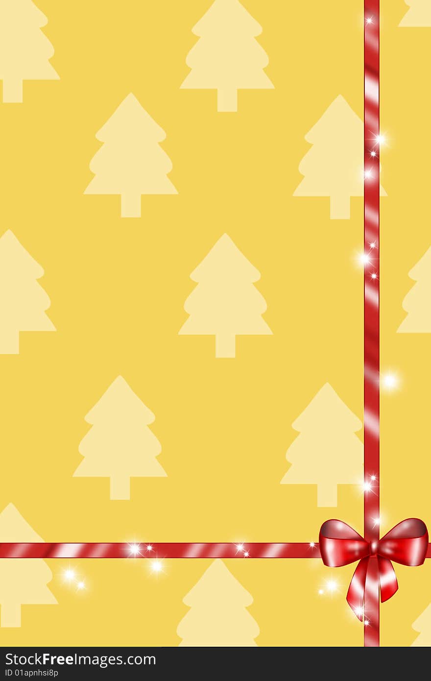 A red ribbon on a yellow gift wrapping paper decorated with little christmas trees. Digital illustration. A red ribbon on a yellow gift wrapping paper decorated with little christmas trees. Digital illustration.