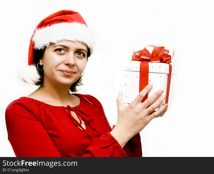 Christmas woman with Santa's hat and gift. Christmas woman with Santa's hat and gift