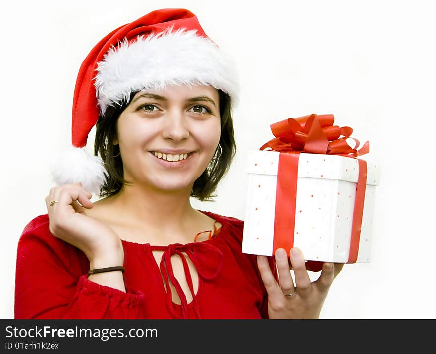 Christmas woman with Santa's hat and gift. Christmas woman with Santa's hat and gift