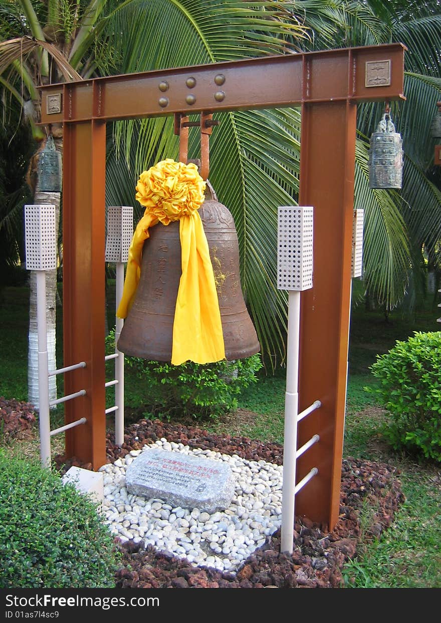 Ancient bell hanging on frame, traditional chinese masterpiece