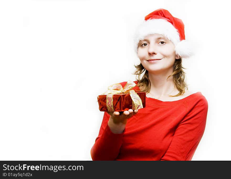 Christmas woman with gift isolated on white