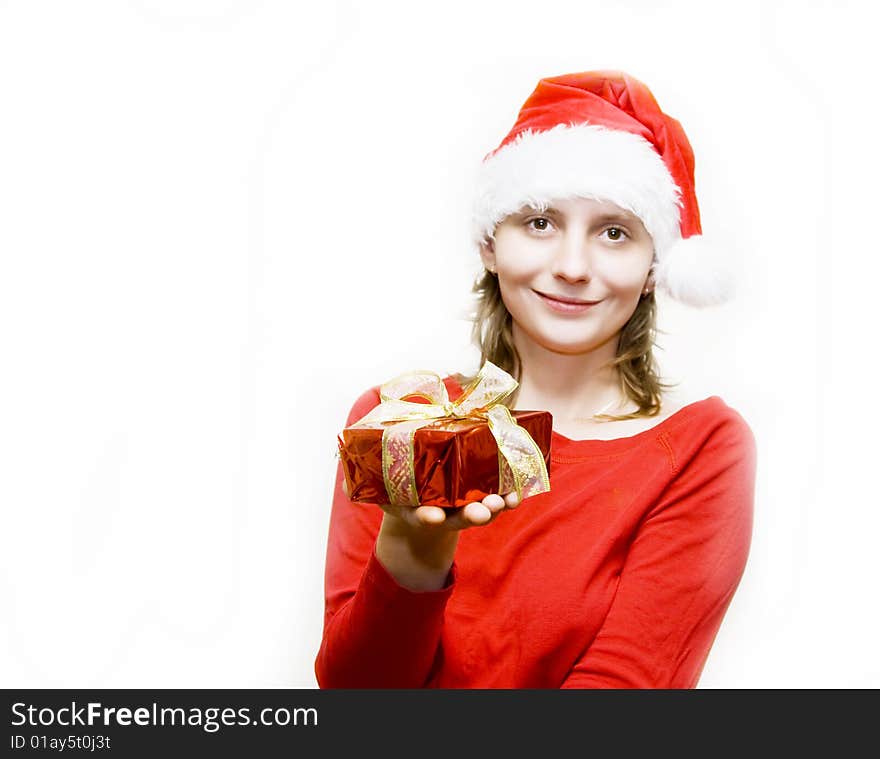 Christmas woman with gift isolated on white