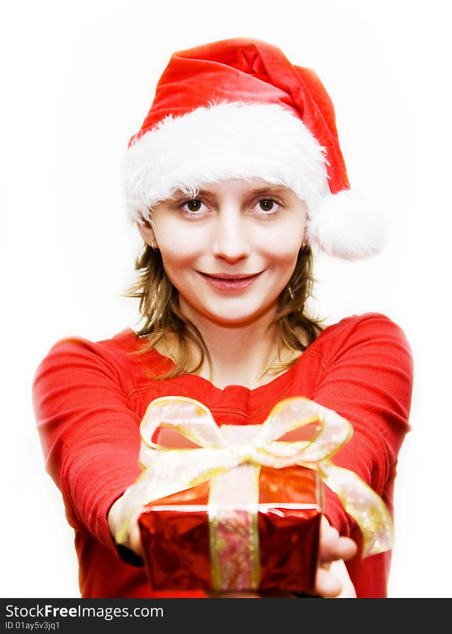 Christmas woman with gift isolated on white