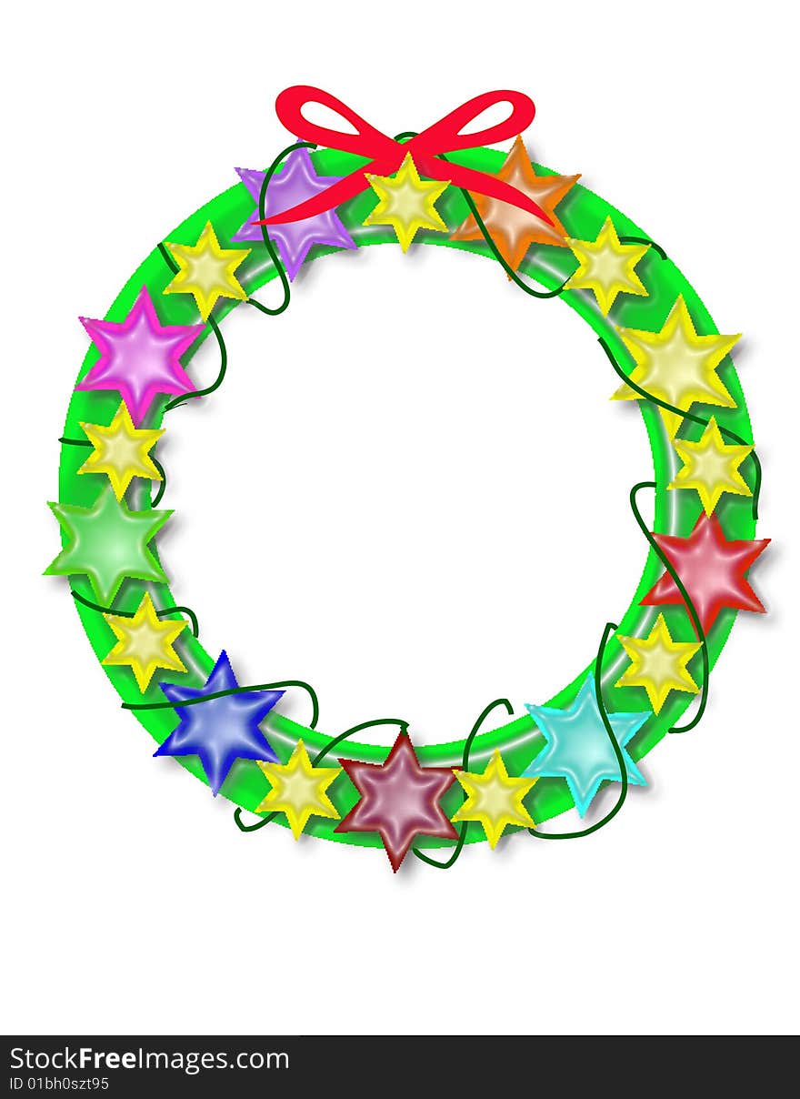 Beautiful wreath with shiny stars and ribbon.