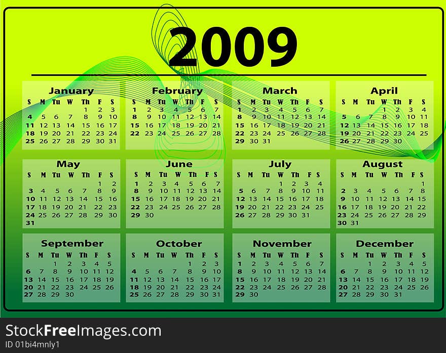 2009 calendar with green background