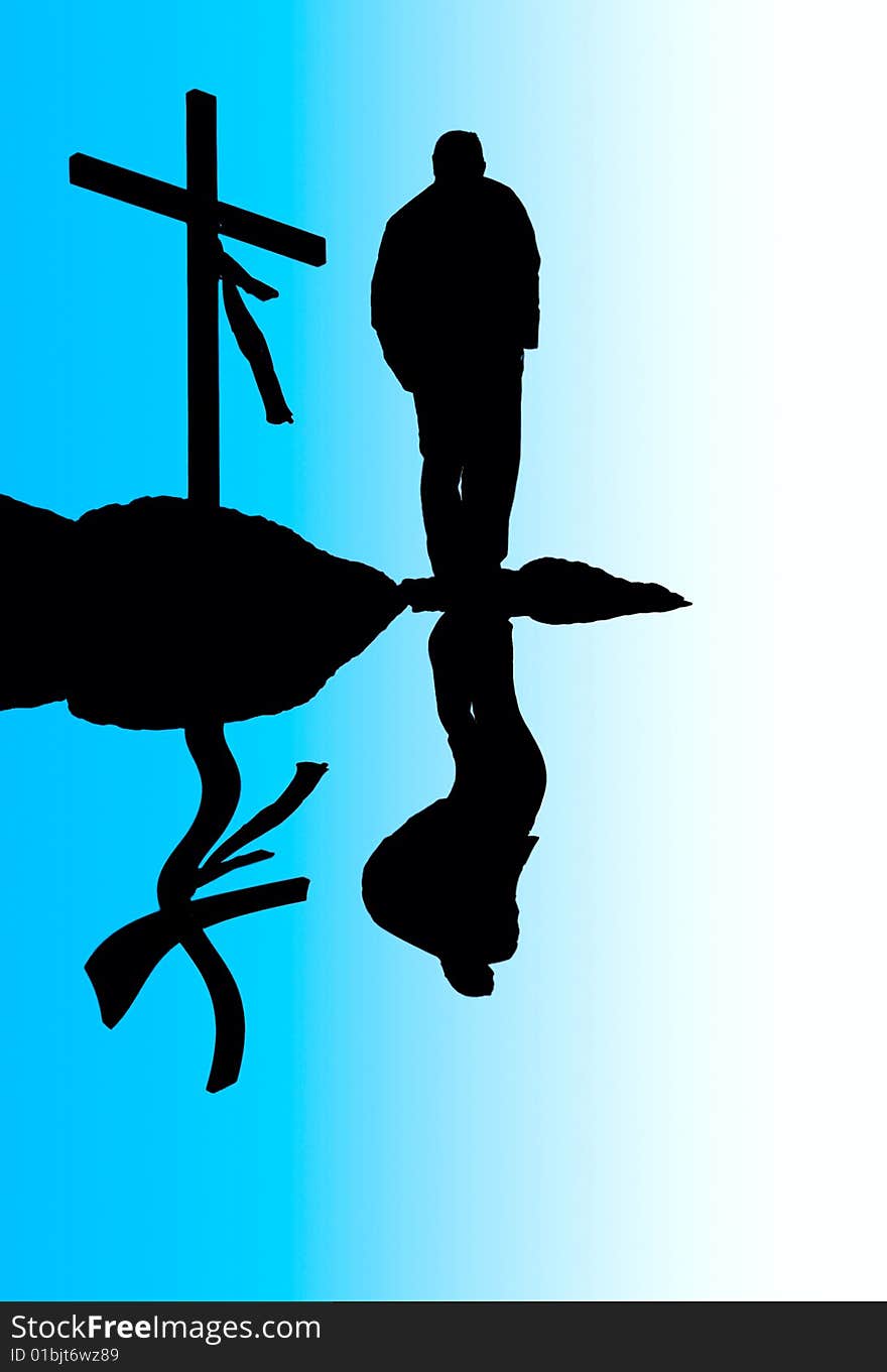 Silhouette of man and cross and reflection - illustration in blue tones. Silhouette of man and cross and reflection - illustration in blue tones