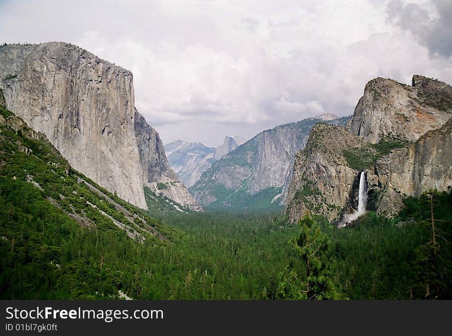 Yosemite National Park from high above the valley floor looking at Yosemite Falls