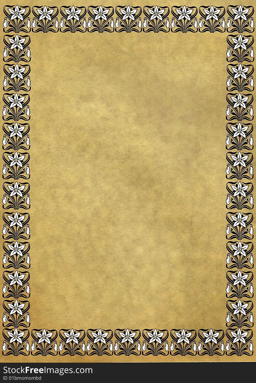 A view of old, antiqued and yellowed paper with a decorative border. A view of old, antiqued and yellowed paper with a decorative border.