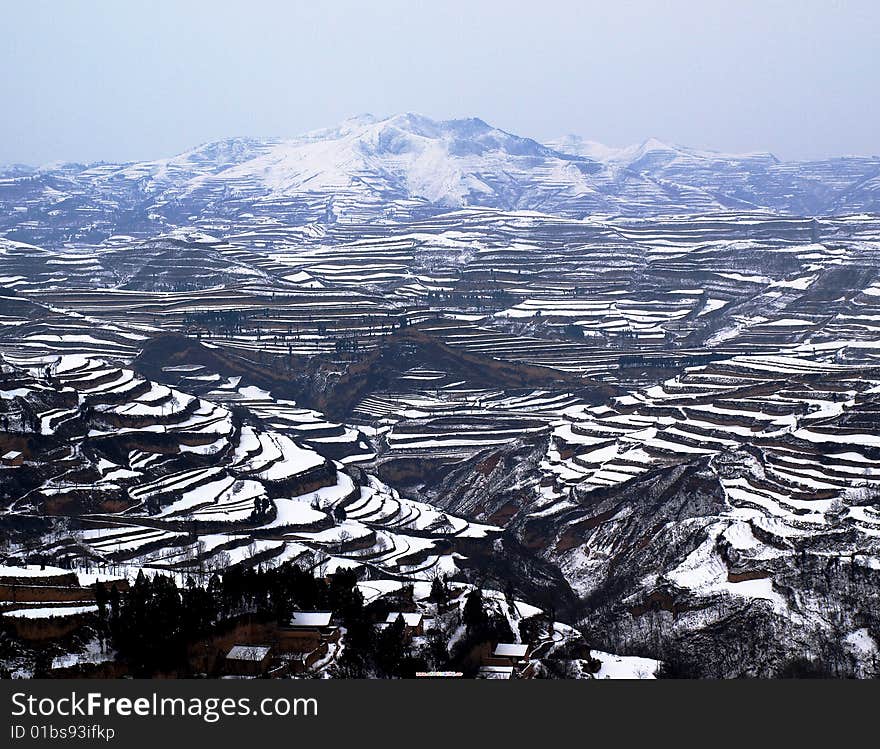 Winter terraced mountain snow China's Shaanxi. Winter terraced mountain snow China's Shaanxi