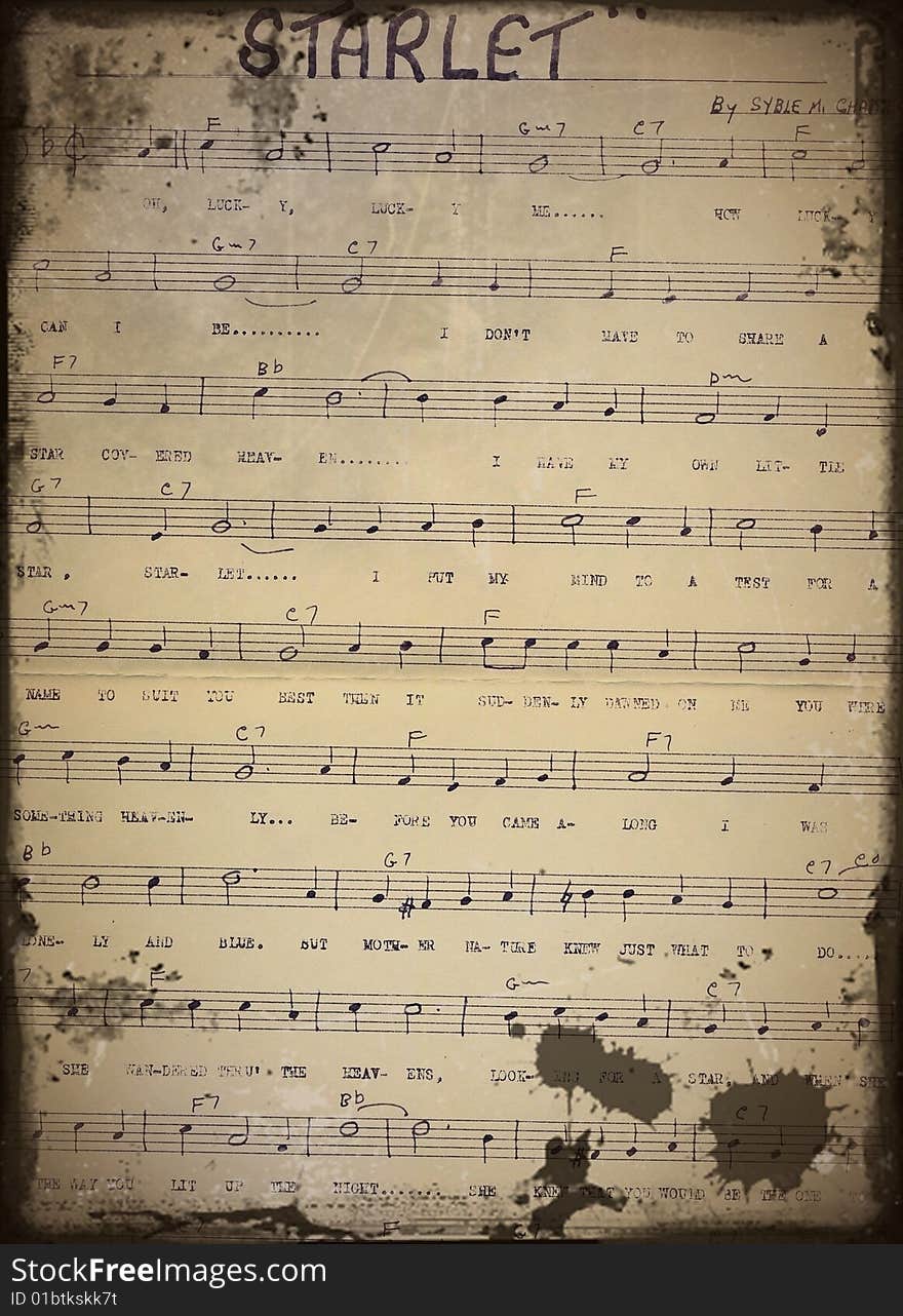 Old stained music sheet of a song entitled Starlet. Old stained music sheet of a song entitled Starlet