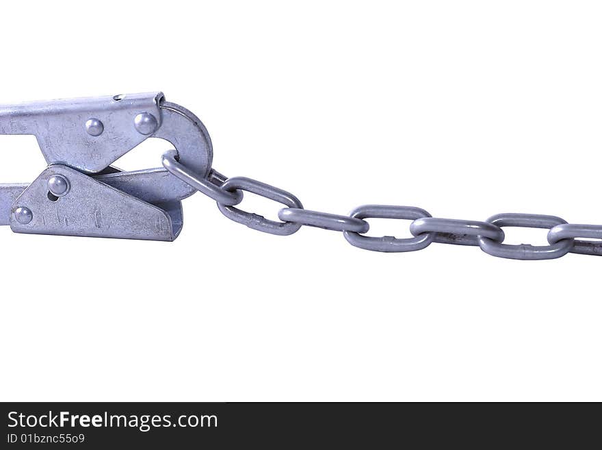 Metal chain and a shotgun. The concept of strength, unity, security and connection or idea of dependence on addictions. Isolated on a white background. Studio light. Metal chain and a shotgun. The concept of strength, unity, security and connection or idea of dependence on addictions. Isolated on a white background. Studio light.