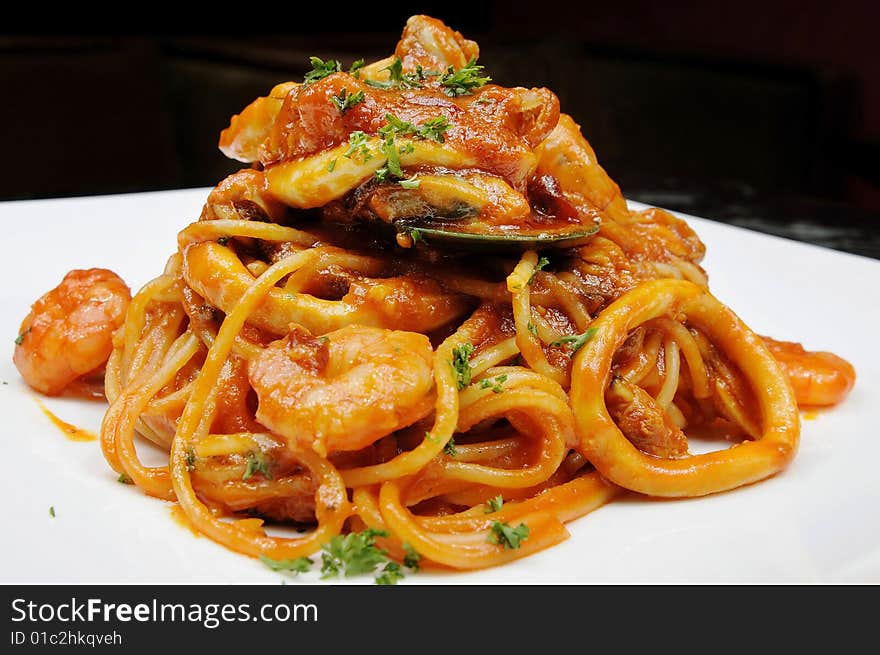 Italy seafood noodles on white dish