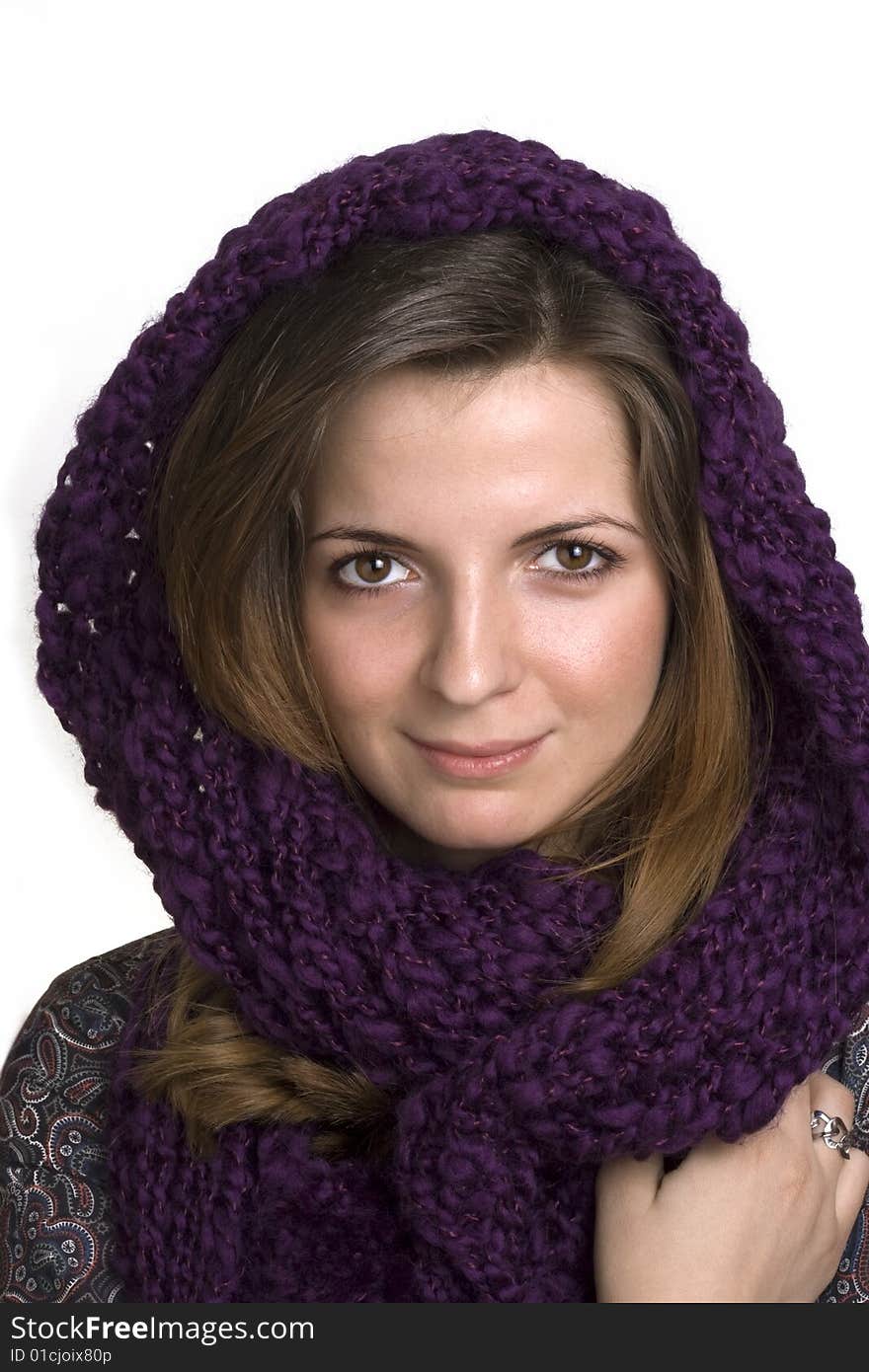 Girl with purple scarf on a white background. Girl with purple scarf on a white background