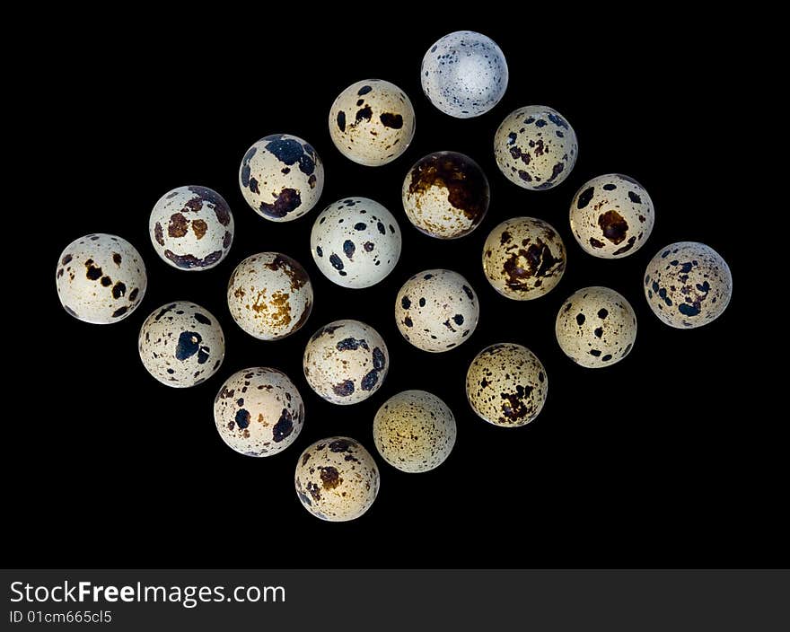 Quail eggs in the form of a matrix as a life symbol isolated on black