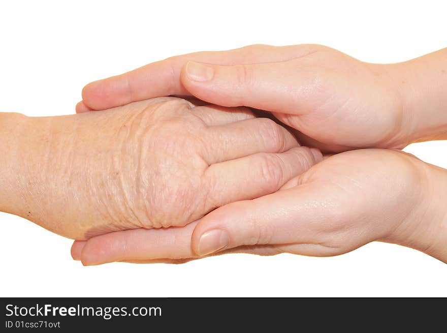 A handshake, young hands hug a granny hand