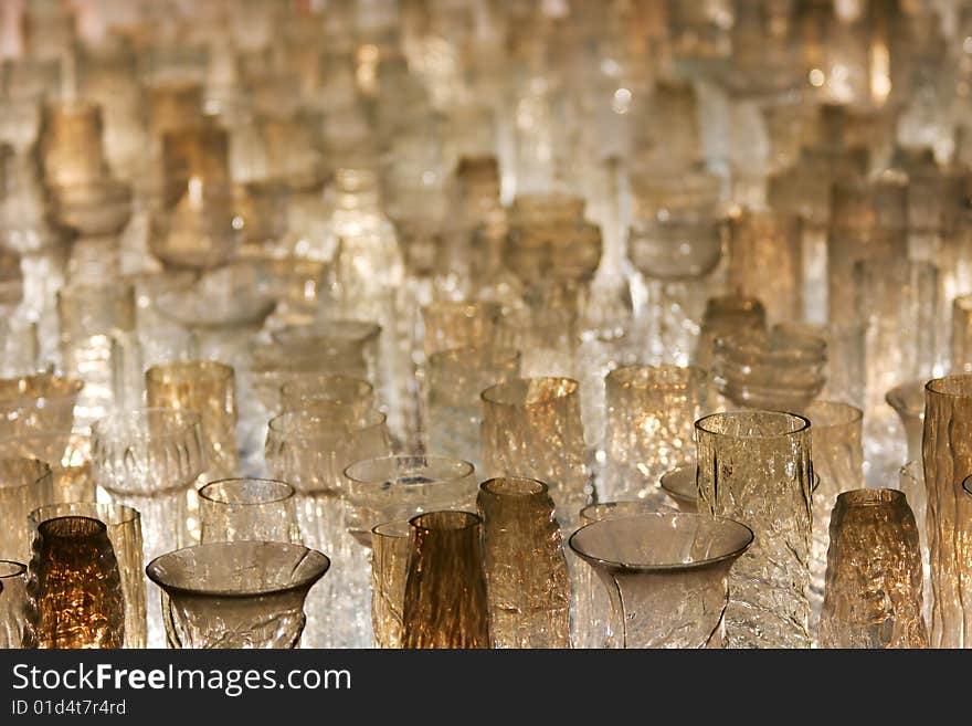 Many glass chandeliers in perspective. Many glass chandeliers in perspective