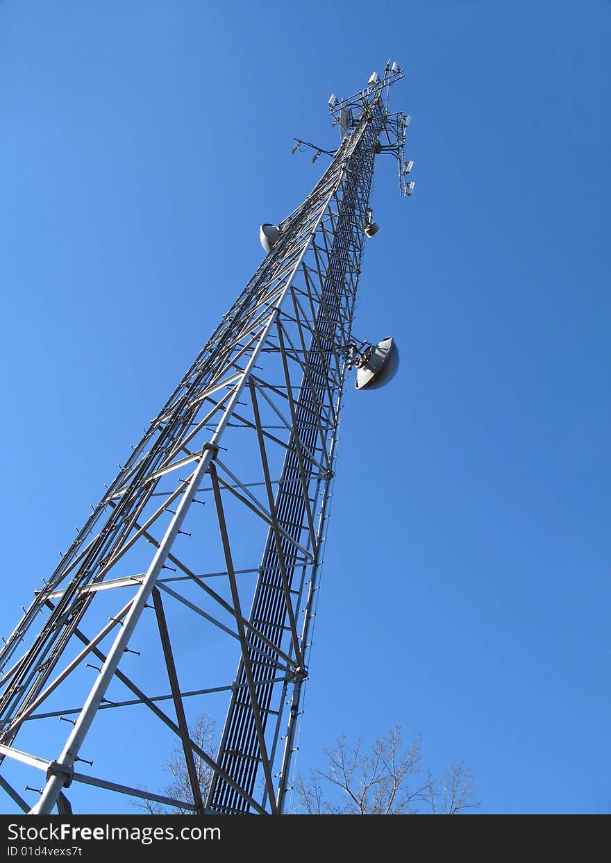 Multi antenna communications tower with low angle view