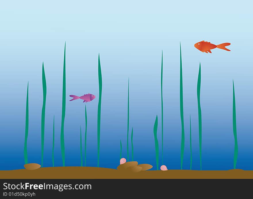 Illustration with two little fishes in the aquarium