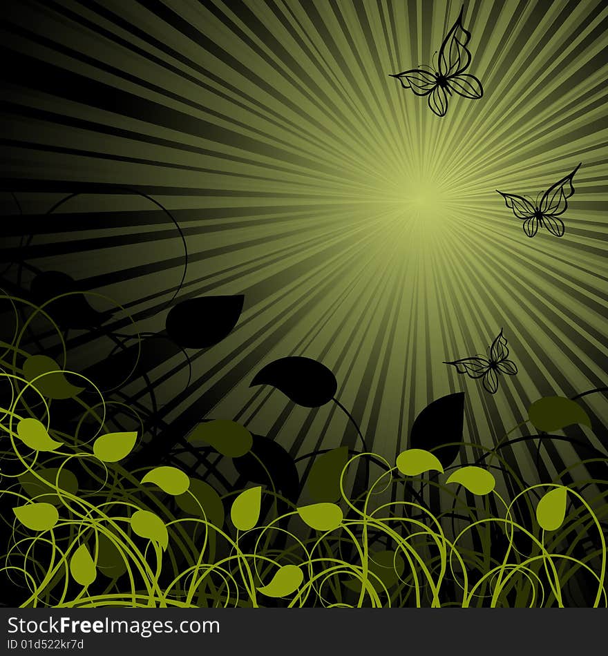 Background with green  plant with swirls and butterflies