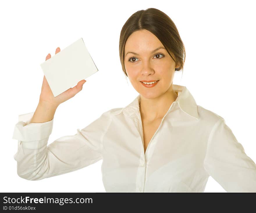 Woman with card for text.  Isolated on white background