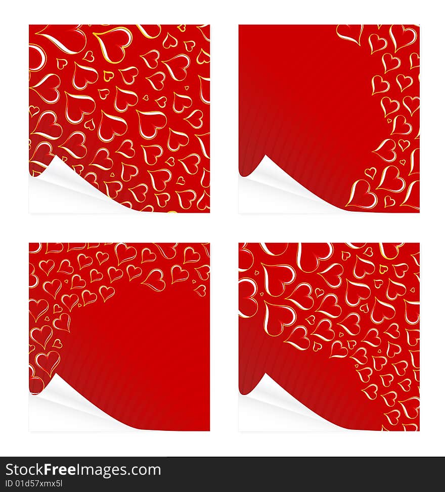 Vector illustration of four red lovely Valentine square cards with peeling effect. Full of glossy golden heart shapes. Vector illustration of four red lovely Valentine square cards with peeling effect. Full of glossy golden heart shapes.