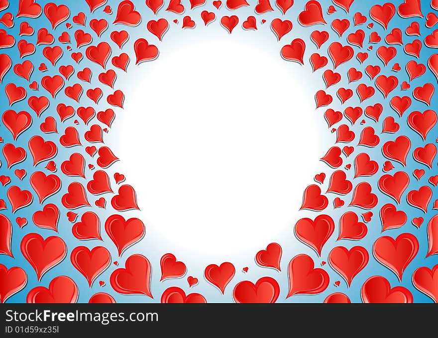 Vector illustration of a lovely Valentine background with central blue glow for custom elements surrounded by hundreds of funky glossy hearts. Vector illustration of a lovely Valentine background with central blue glow for custom elements surrounded by hundreds of funky glossy hearts.