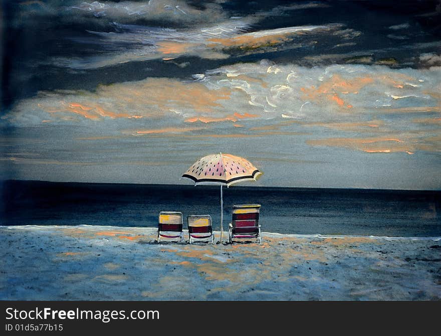 Hand-painted photograph of watermelon umbrella and three beach chairs. Hand-painted photograph of watermelon umbrella and three beach chairs