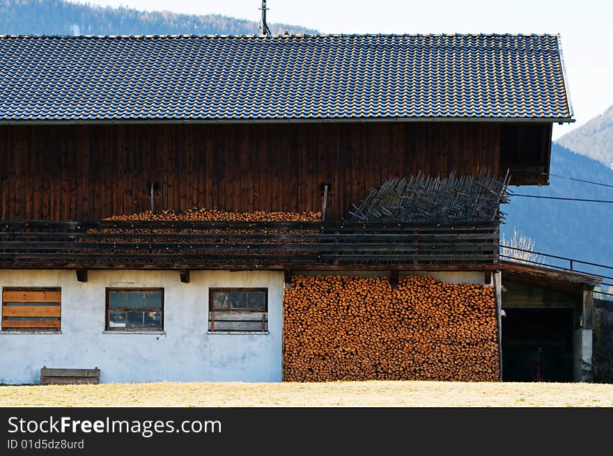 Mountain village in the Alps with traditional buildings