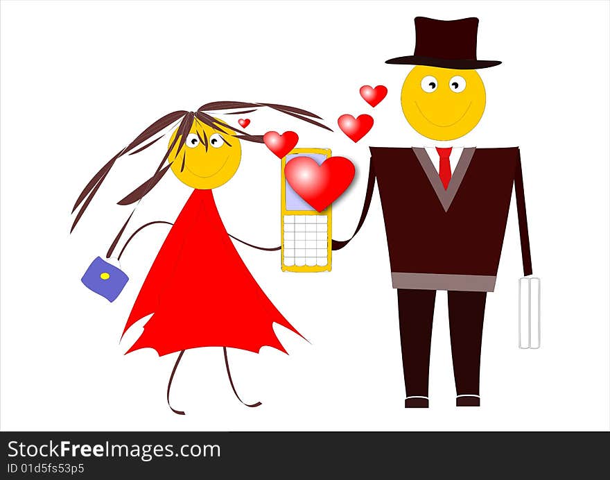 Man and woman with a mobile telephone. Cartoon image. Man and woman with a mobile telephone. Cartoon image.