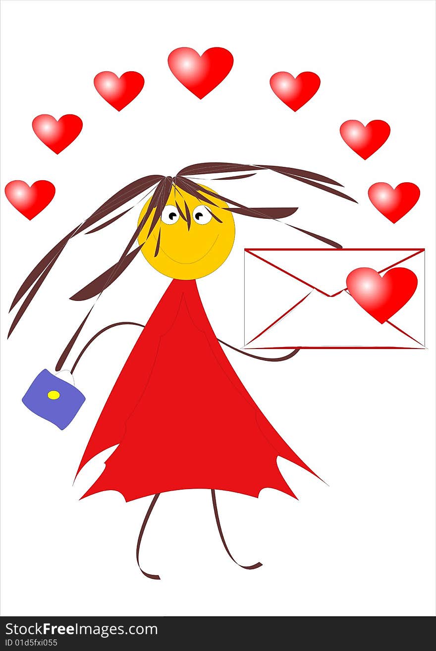 Merry girl with an envelope in a hand.  Funny picture. Cartoon image. Merry girl with an envelope in a hand.  Funny picture. Cartoon image.