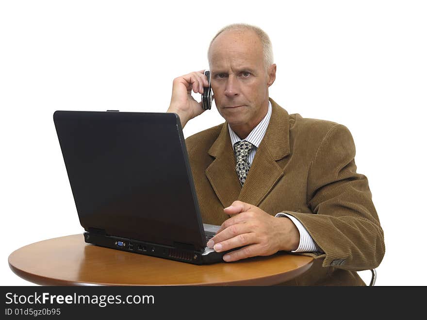 Businessman  with a laptop isolated against a white  background. Businessman  with a laptop isolated against a white  background