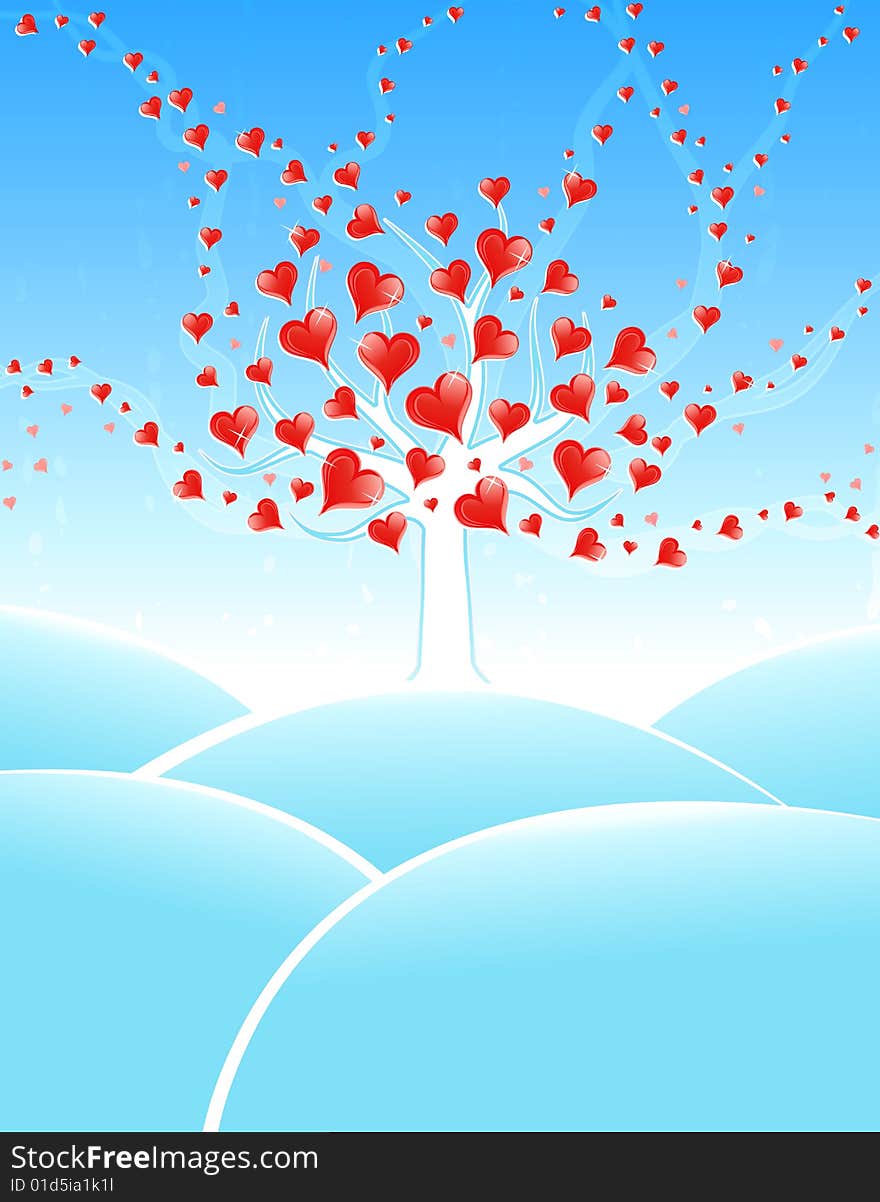 Vector illustration of a winter meadow with a lovely tree full of shiny hearts flowing to the sky. Vector illustration of a winter meadow with a lovely tree full of shiny hearts flowing to the sky.