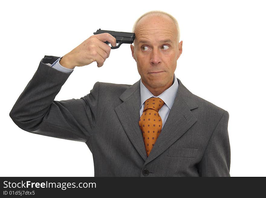 Mature man with a gun isolated in white. Mature man with a gun isolated in white