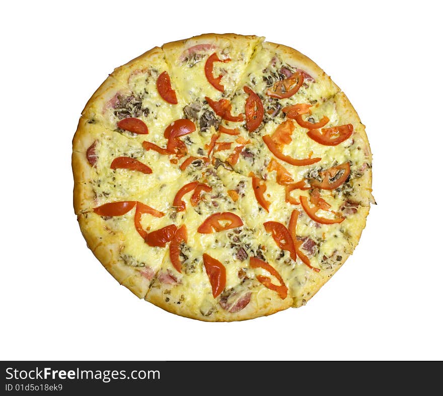 Whole pizza isolated on white