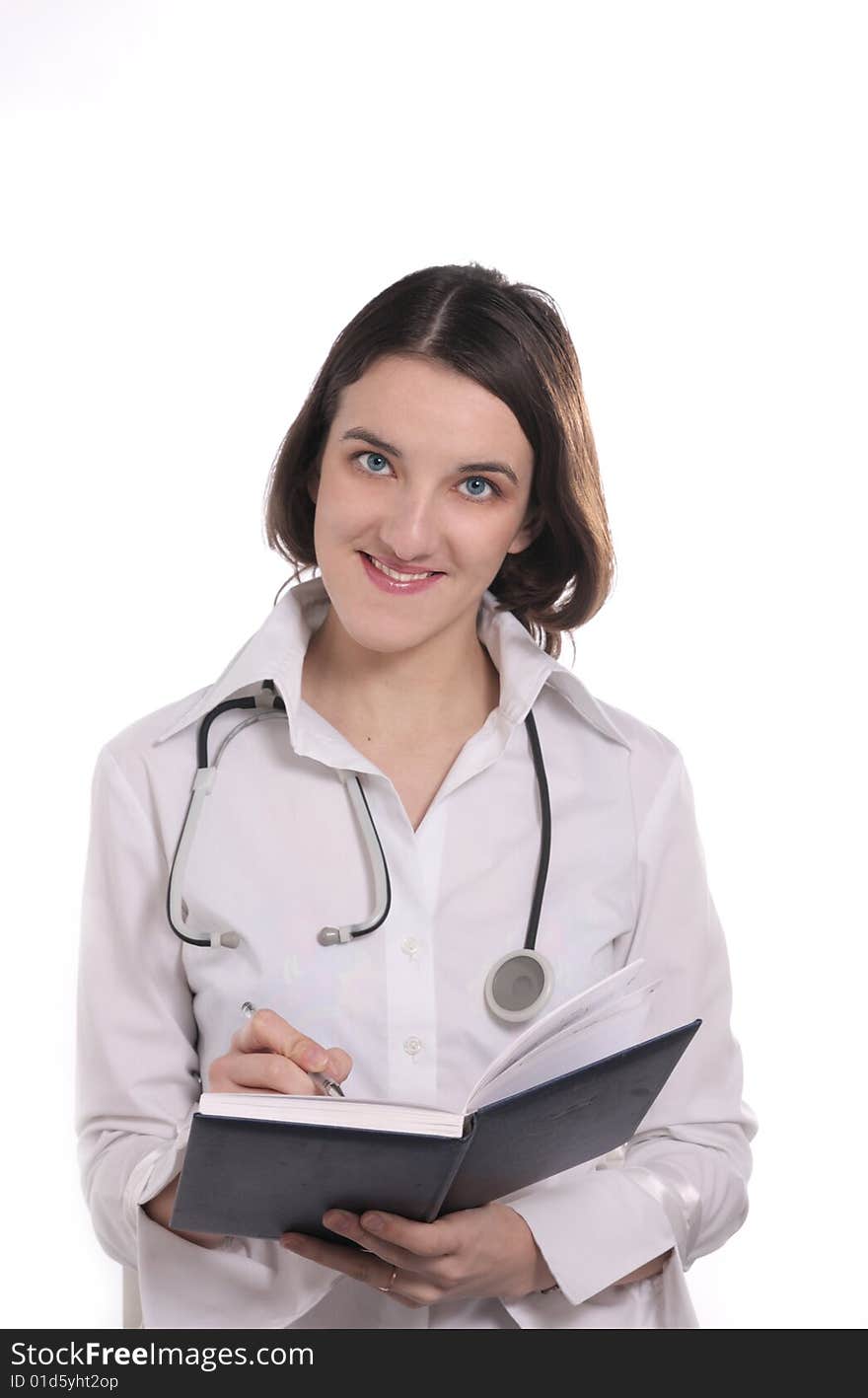 Young doctor with stethoscope  and notebook in wight background