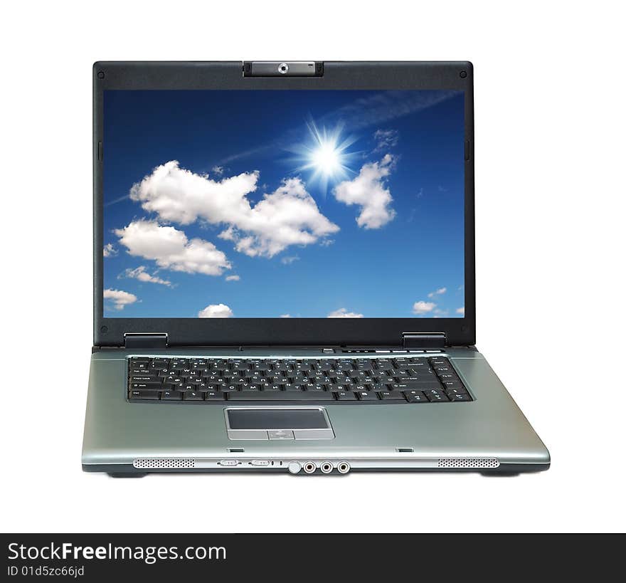 Notebook with blue sky on display isolated over white background