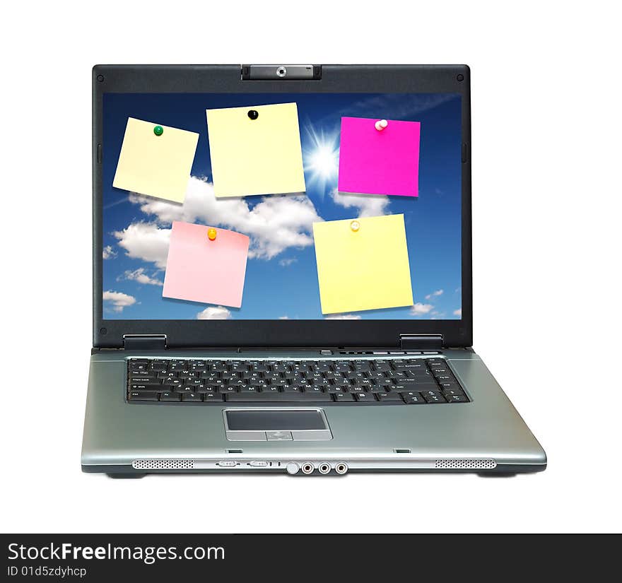 Notebook with colored notes on monitor isolated over white background