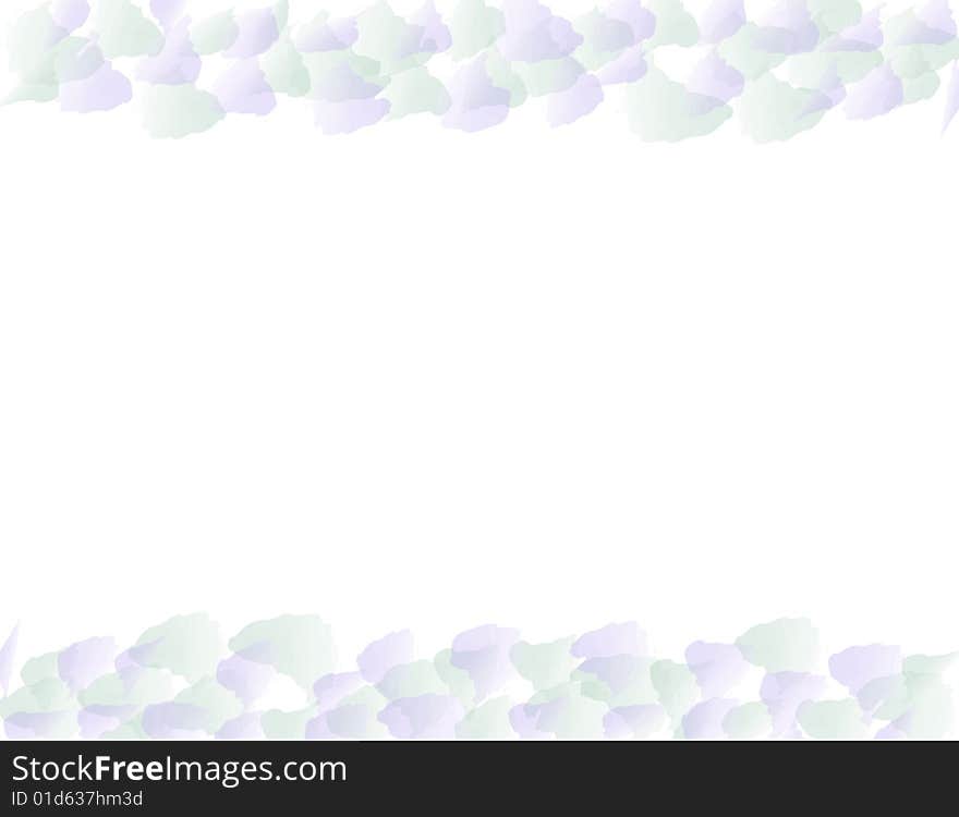 Green and purple leaves strewn on top and bottome of a white background. Green and purple leaves strewn on top and bottome of a white background