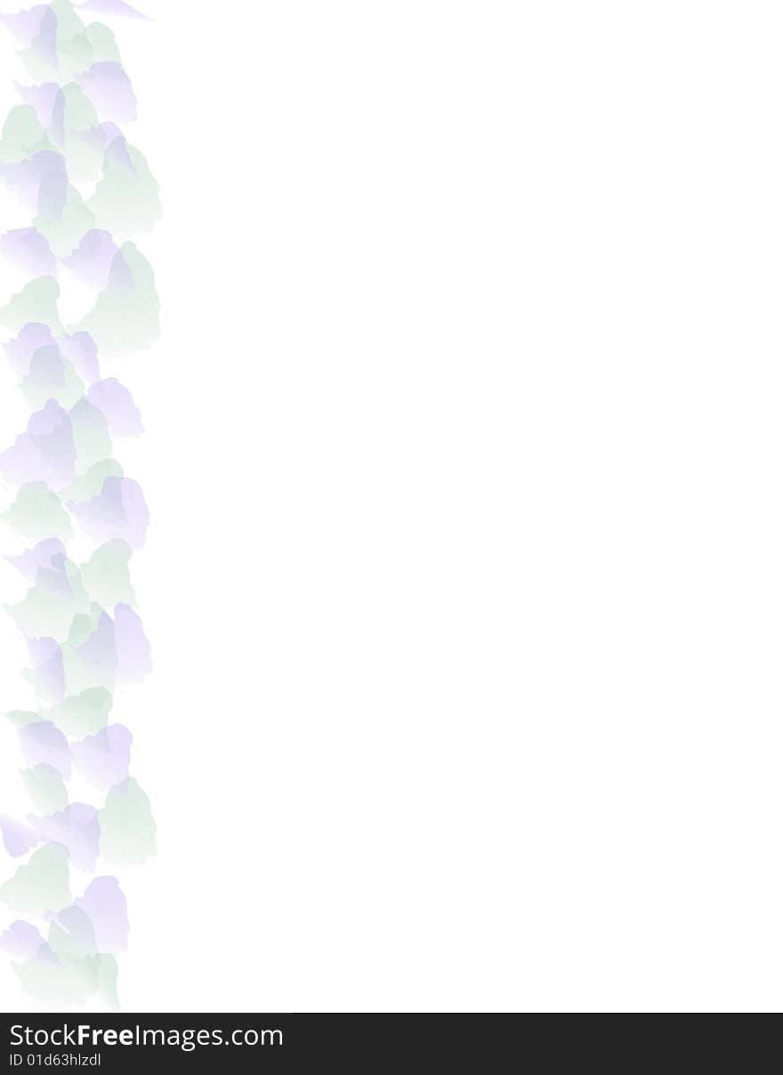 Green and purple leaves strewn on left side border of a white background. Green and purple leaves strewn on left side border of a white background