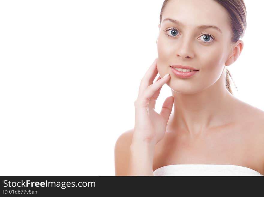 High key portrait of beautiful  young woman on white back. High key portrait of beautiful  young woman on white back